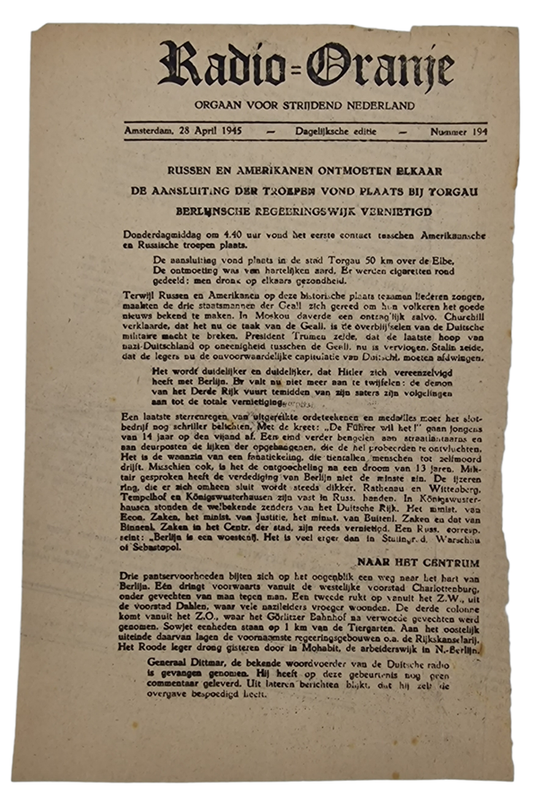 Original WW2 Dutch Resistance Newspaper - Radio Oranje No. 194, 28th of April (1945)