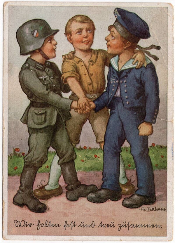 Original WW2 German Postcard - Three German soldiers WH KM LW shaking hands (1941)