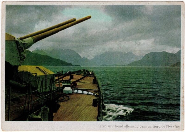 Original WW2 German Postcard - KM Kriegsmarine Norway ''Crouiseur lourd allemand dans un fjord de Norvege''