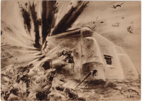 Original WW2 German Postcard - ''Deutsche Stukas greifen an. Volltreffer auf Polnischen Bunker''