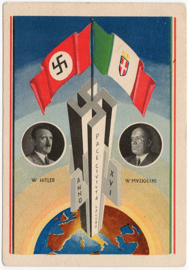 Original WW2 Italian Postcard - Hitler, Mussolini, ''Pace Civilta Lavoro'' (1938)