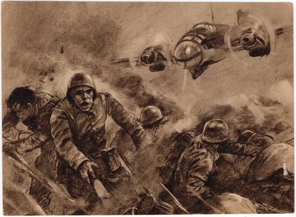 Original WW2 German Postcard - ''Ein Deutsches Kampfflugzeug greift im Tiefflug Polnische Stellungen an''