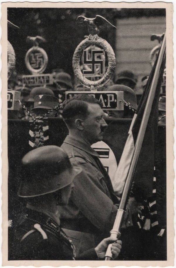 Original WW2 German Postcard - Adolf Hiter with NSDAP flagpole, Reichsparteitage Nürnberg (1938)