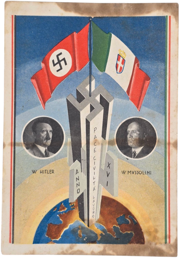 Original WW2 Italian Postcard - Hitler, Mussolini, ''Pace Civilta Lavoro'' (1938)