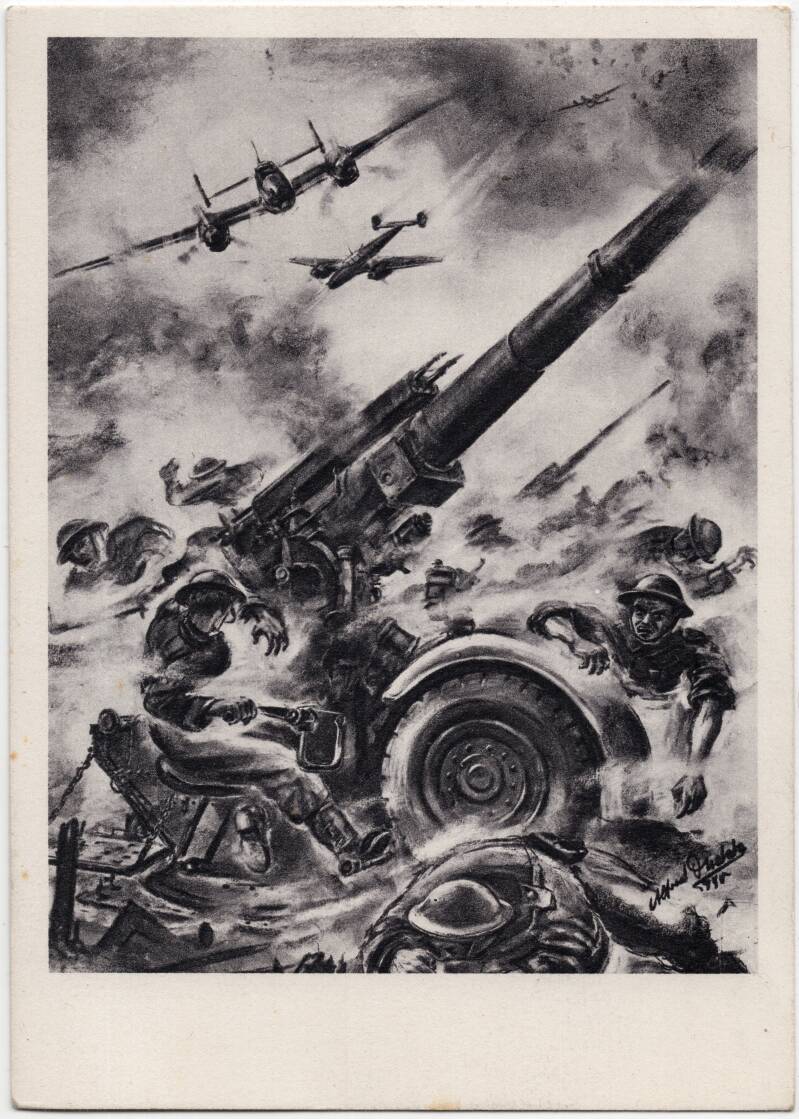 Original WW2 Belgian Collaboration Postcard - ''Duitsche vliegeraanval op een Engelsche luchtafweerstelling''