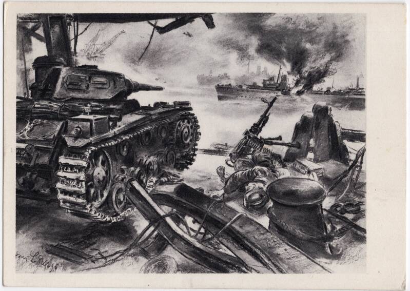 Original WW2 Belgian Collaboration Postcard - ''Duitsche tank beschiet Engelsche vloteenheden''