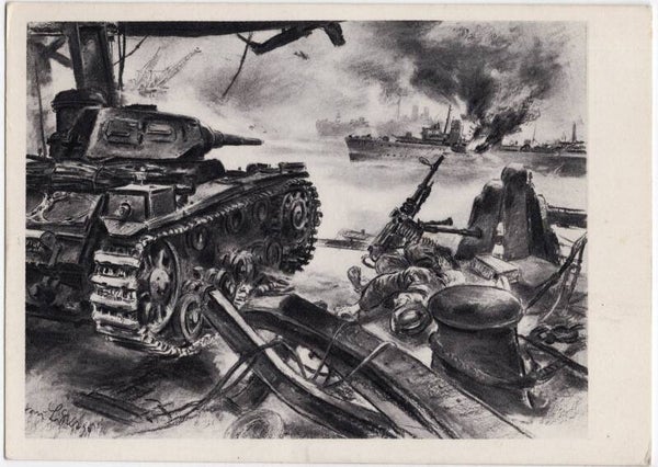 Original WW2 Belgian Collaboration Postcard - ''Duitsche tank beschiet Engelsche vloteenheden''