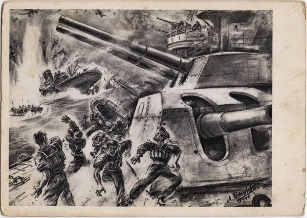 Original WW2 German Postcard - ''Deutscher Fliegerangriff auf engl. Truppentransport''