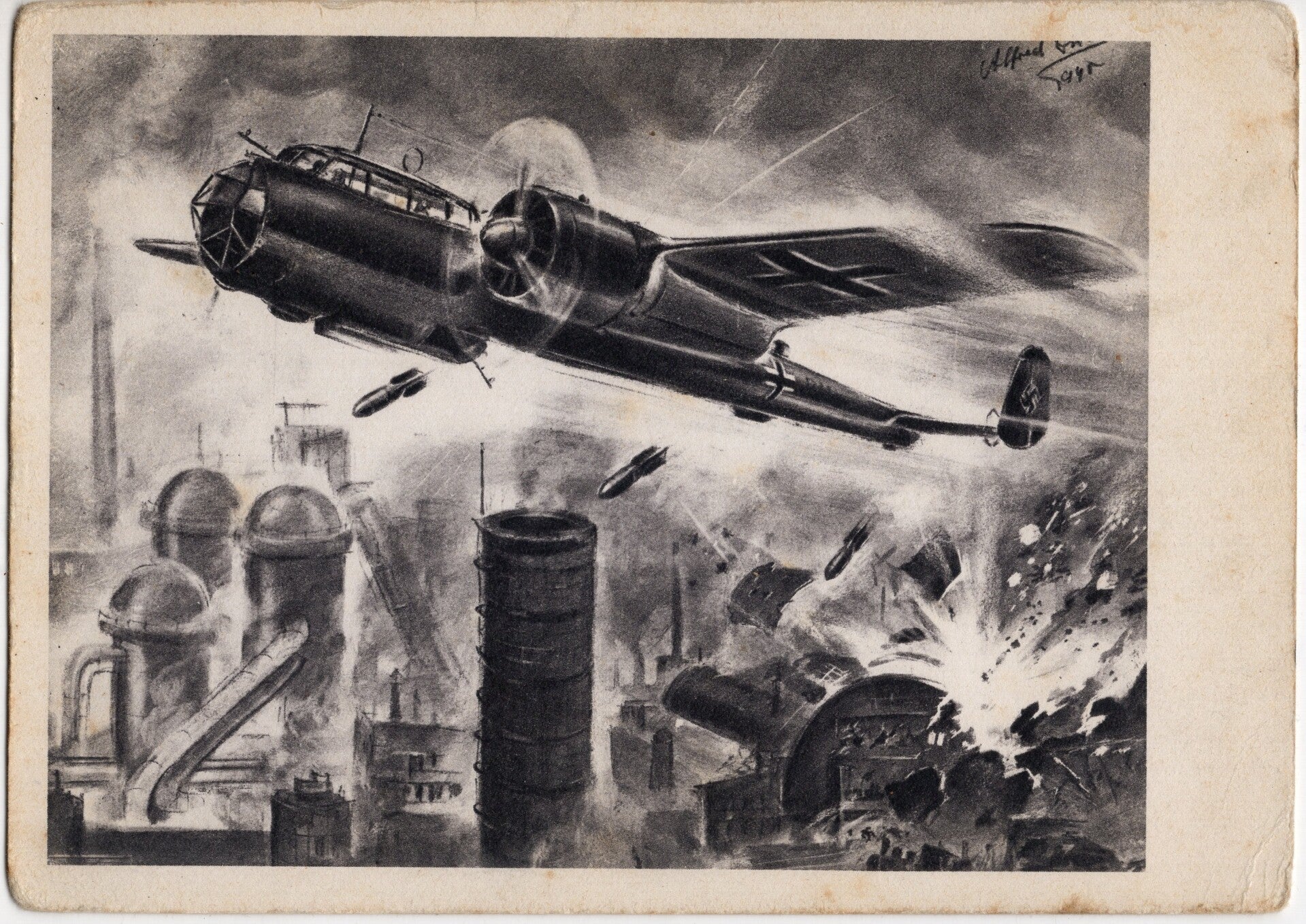 Original WW2 German Postcard - ''Angriff einer Ju 88 auf ein englisches Industriewerk''