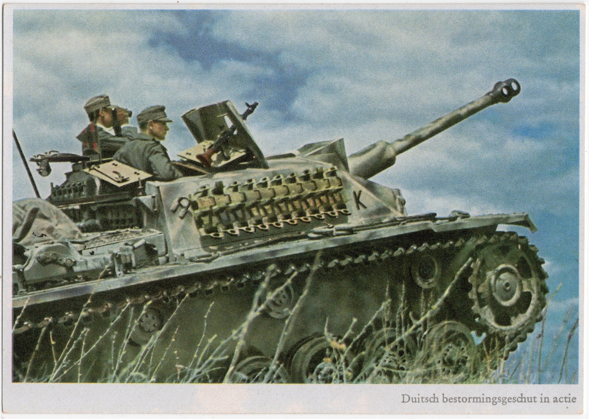 Original WW2 German Postcard - Panzer tank ''Duitsch bestormingsgeschut in actie'', Maltry