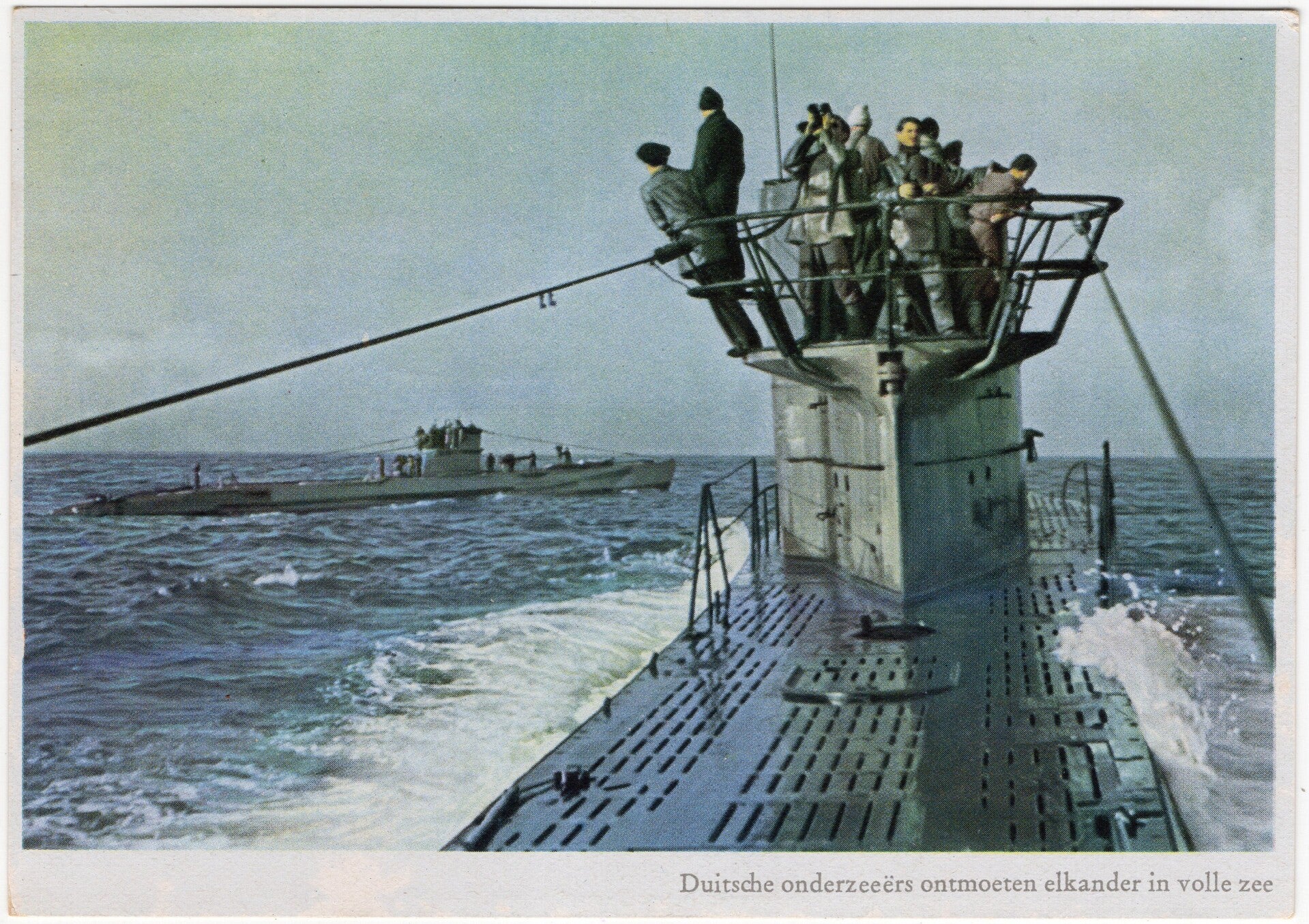 Original WW2 German Postcard - Kriegsmarine submarine ''Duitsche onderzeeërs ontmoeten elkander in volle zee'', Kramer
