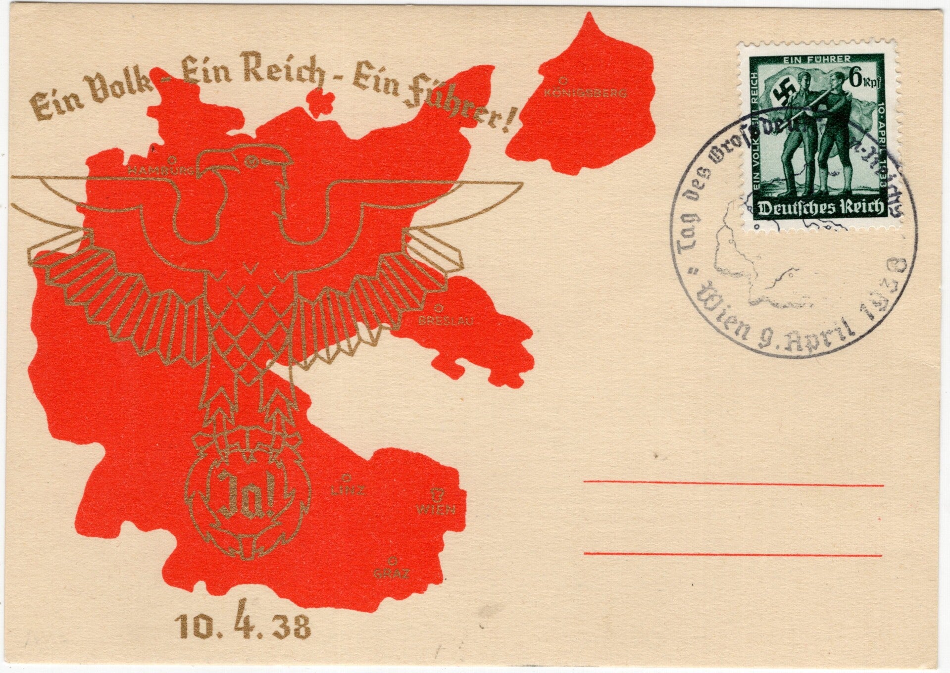 Original WW2 German Postcard - Ein Volk, Ein Reich, Ein Führer, Anschluss postcard (1938)
