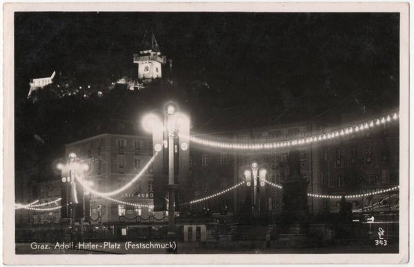 Original WW2 German Postcard - Graz Adolf Hitler PLatz (Festschmuck)