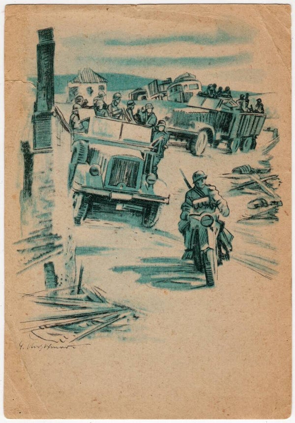 Original WW2 German Postcard - Feldpost Soldiers advancing east, G. Kretzschmar