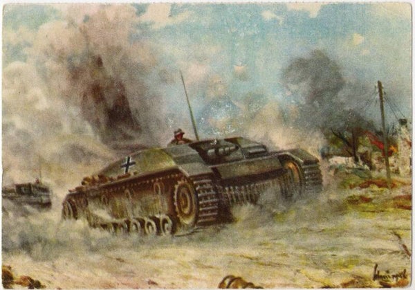 Original WW2 German Postcard - Sturmgeschütze im Angriff in Russland, NSKV