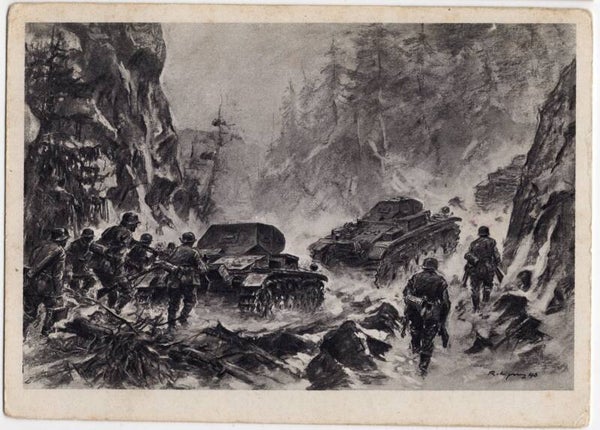 Original WW2 Belgian Collaboration Postcard - ''Duitsche tanks nemen een bergpas'', NSB stamped