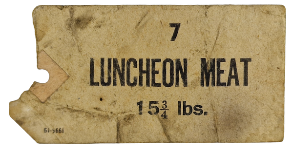 Original WW2 Dutch Document - Fooddroppings Food label ''7 Lucheon Meat 15 3/4 lbs.'' (1945)