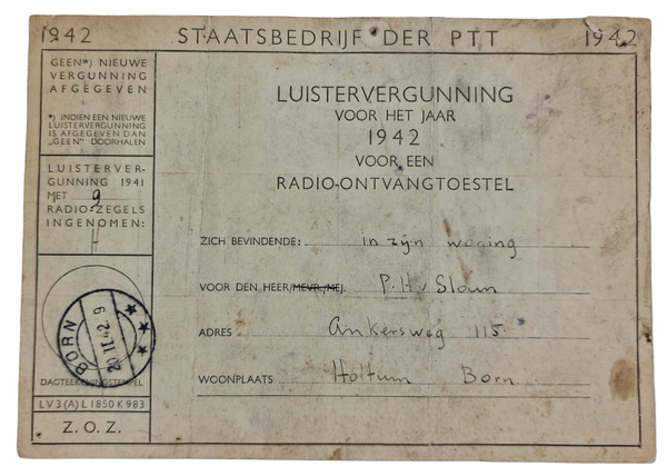 Original WW2 Dutch Document - PTT Luistervergunning Holtum Born (1942)