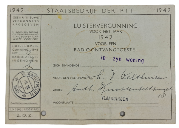 Original WW2 Dutch Document - PTT Luistervergunning Vlaardingen (1942)