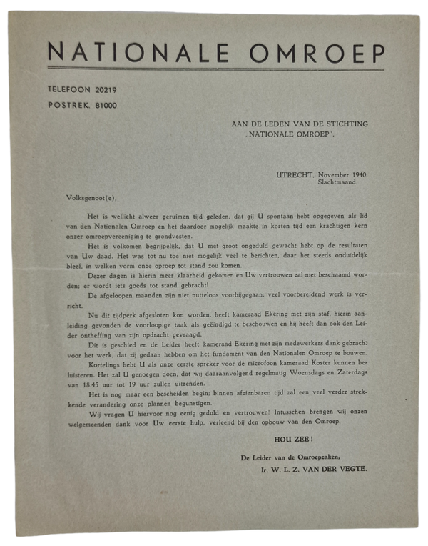 Original WW2 Dutch Collaboration Document - Nationale Omroep letter, W. L. Z. Van der Vegte, Utrecht (1940)
