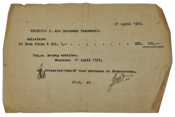 Original WW2 German Document - Bill for hay used by Wehrmacht, Maarssen, April (1945)