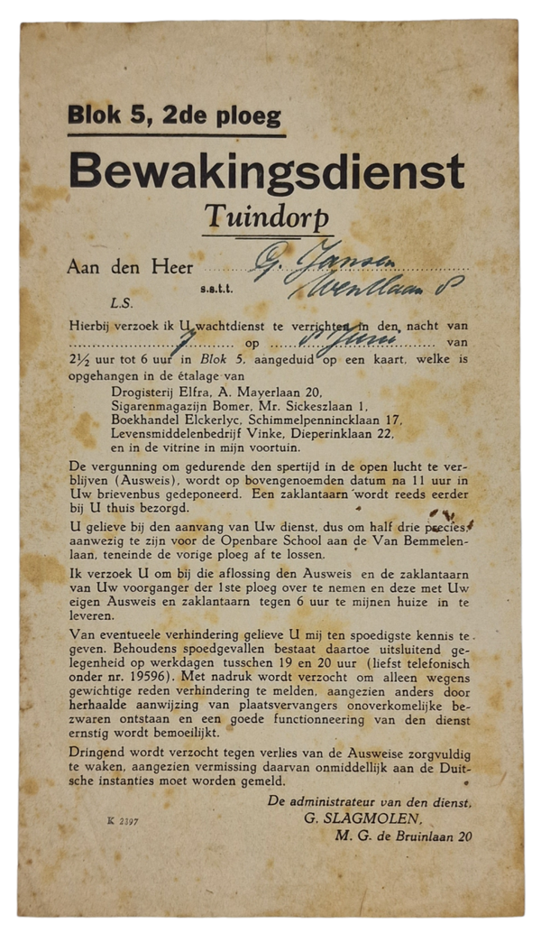 Original WW2 Dutch LBD Document - Luchtbeschermingsdienst bewakingsdienst Tuindorp, Utrecht