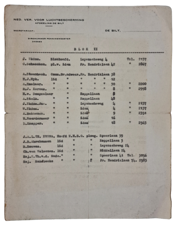 Original WW2 Dutch LBD Document - Luchtbeschermingsdienst Blok II name list, de Bilt