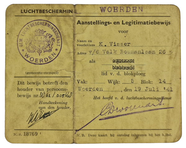 Original WW2 Dutch LBD Document - Luchtbeschermingsdienst Blokploeg ID card, Woerden (1941)