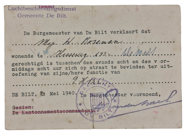 Original WW2 Dutch LBD Document - Luchtbeschermingsdienst EHBO ID card during German invasion, de Bilt, 13th of May (1940)