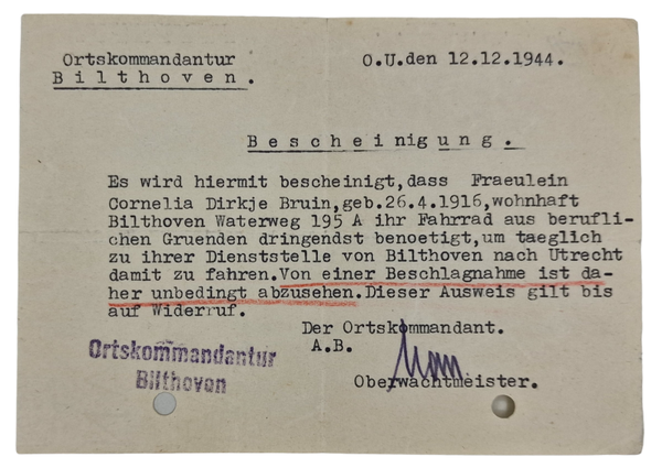 Original WW2 Dutch Document - Bescheinigung bicycle permit Ortskommandantur Bilthoven, Utrecht (1944)