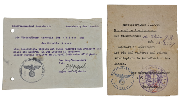 Original WW2 Dutch Document - Bescheinigung set Kampfkommandant Amersfoort (1945)
