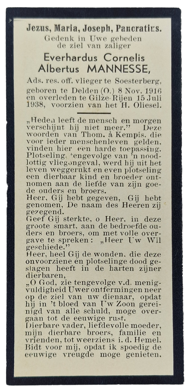 Original Wo2 Dutch Document - Death card pilot, Soesterberg, Delden, Gilze Rijen (1938)