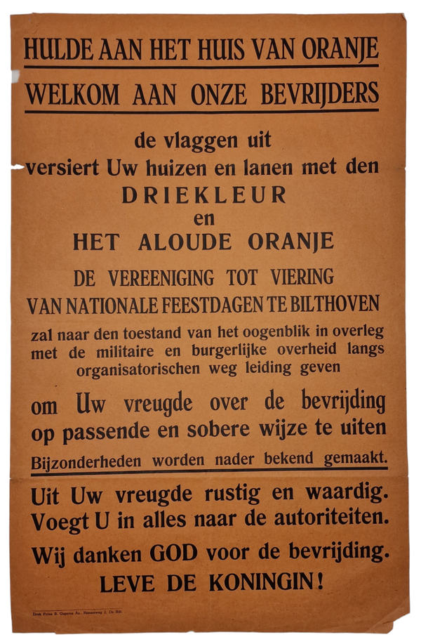 Original WW2 Dutch Liberation Poster - Liberation celebration party Bilthoven (1945)