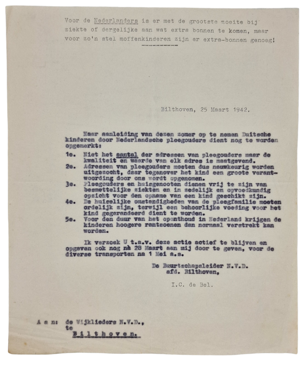 Original WW2 Dutch Collaboration NVD Document - Nederlandsche Volksdienst, adoption of German orphans, Bilthoven (1942)