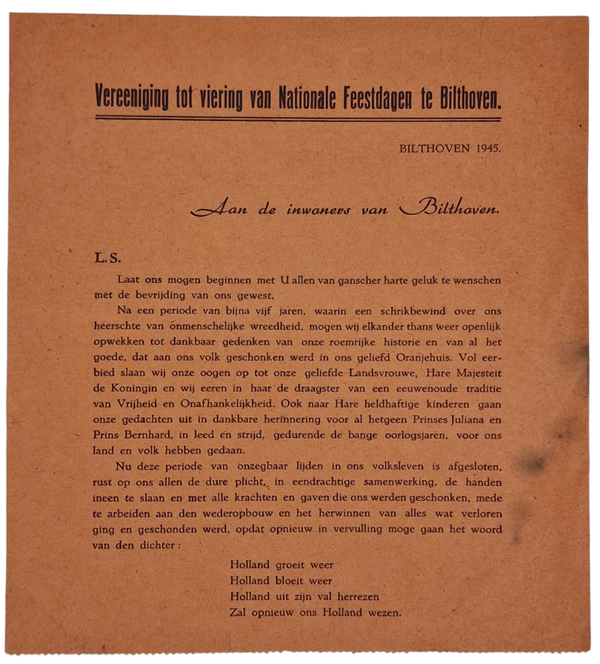 Original WW2 Dutch Liberation Document - Message to the inhabitants of Bilthoven (1945)