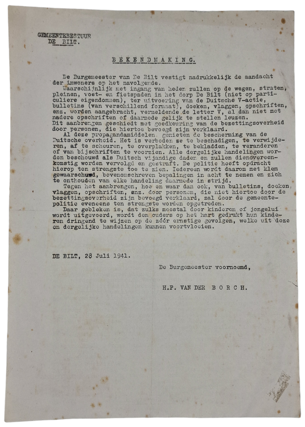 Original WW2 Dutch Document - Information about the propaganda V-action sign, de Bilt (1941)