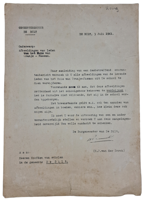 Original WW2 Dutch Document - Removal of pictures of living members of the Dutch Royal family, de Bilt (1941)