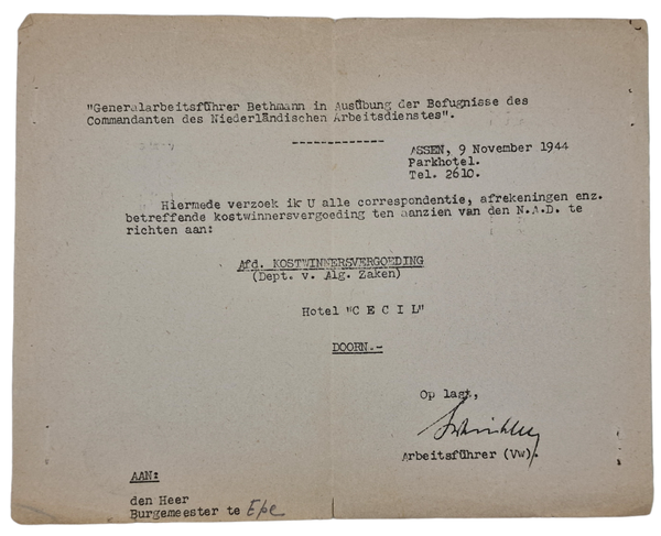 Original WW2 Dutch Collaboration NAD Document - Breadwinner allowance Nederlandsche Arbeidsdienst, Hotel Cecil, Doorn, Epe, Assen (1944)
