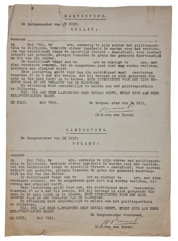 Original WW2 Dutch Document - Forced Night Watch Service, De Bilt (1943)