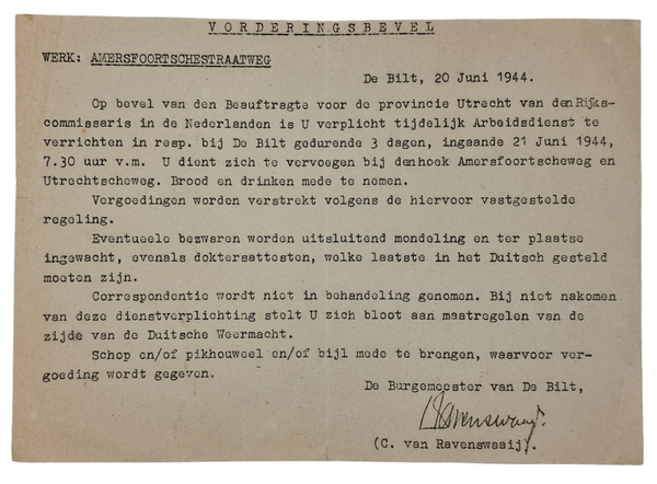 Original WW2 Dutch Document - Forced work in de Bilt (1944)