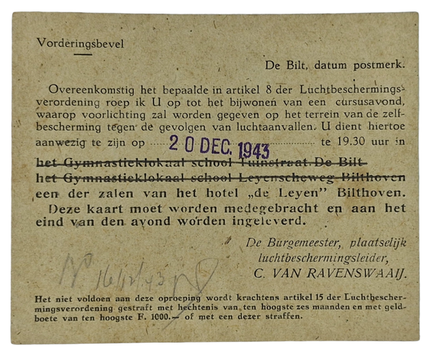Original WW2 Dutch LBD Document - Luchtbeschermingsdienst course, De Bilt, Bilthoven (1943)