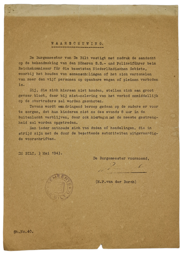 Original WW2 Dutch Document - SS warning against gathering of groups, De Bilt (1943)