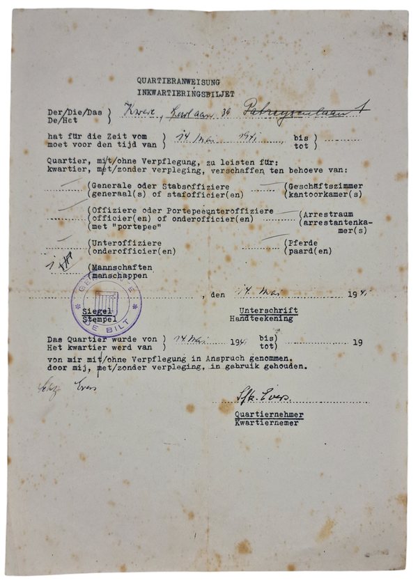 Original WW2 German Document - Quartering of German soldiers in De Bilt (1940)