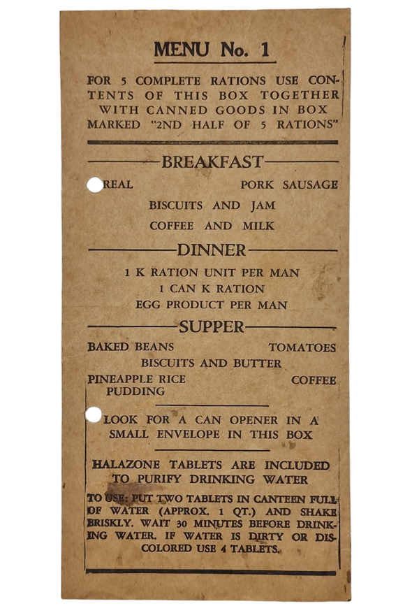 Original WW2 British Document - Operation Manna Menu No. 1 (1945)