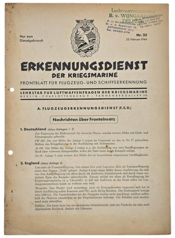 Original WW2 German Kriegsmarine Document - Erkennungsdienst der Kriegsmarine Nr. 22 (1944)