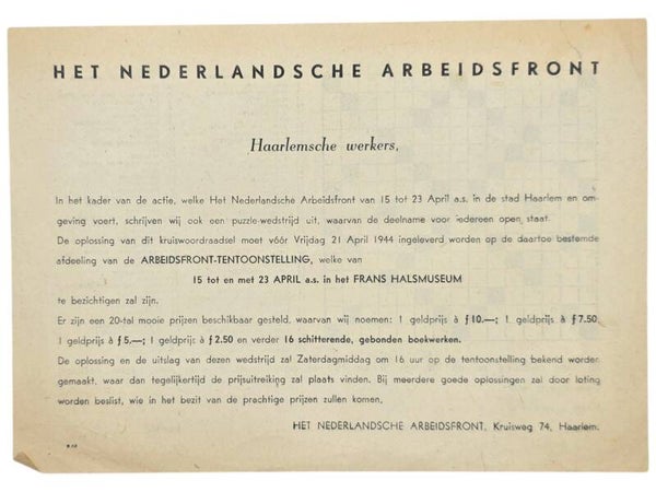 Original WW2 Dutch Collaboration NAF Document - Haarlemsche Werkers, Arbeitsfront Tentoonstelling Frans Halsmuseum (1944)