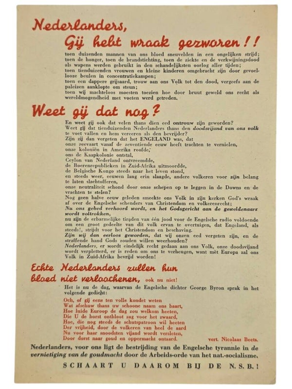 Original WW2 Dutch Collaboration NSB Document - Nederlanders, Gij hebt wraak gezworen!!