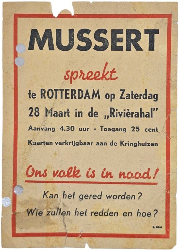 Original WW2 Dutch Collaboration NSB Document - Mussert spreekt te Rotterdam, Rivierahal (1944)