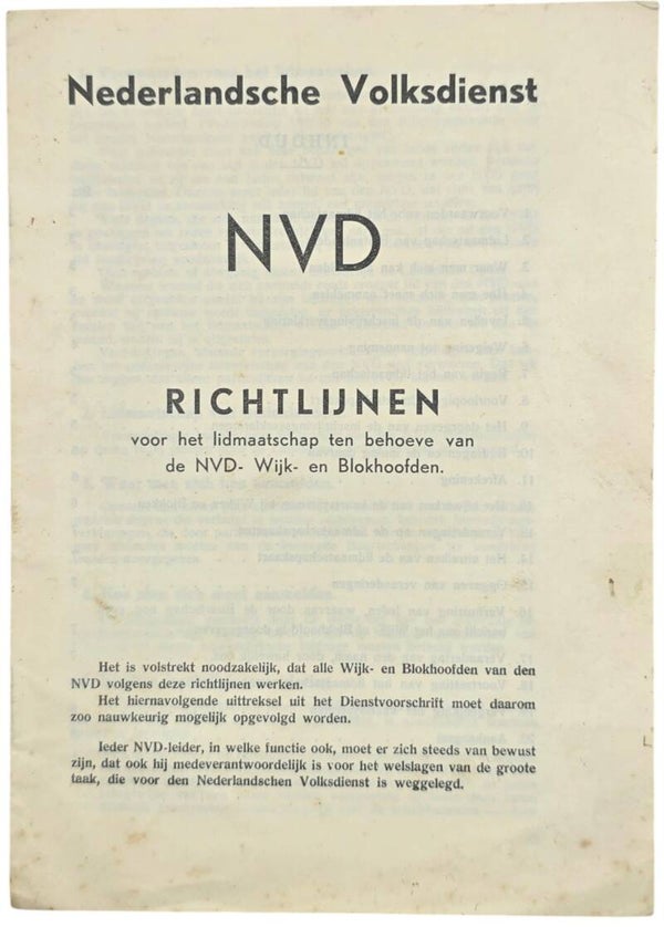 Original WW2 Dutch Collaboration NVD Brochure - Nederlandsche Volksdienst Richtlijnen voor lidmaatschap, anti-Jewish measures (1940)