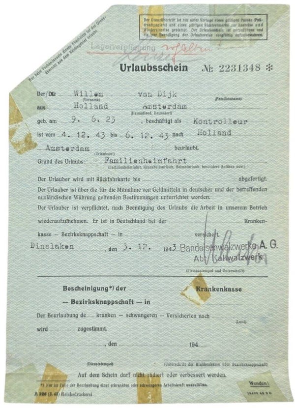 Original WW2 Dutch Document - Urlaubsschein Amsterdam, Dinslaken (1943)